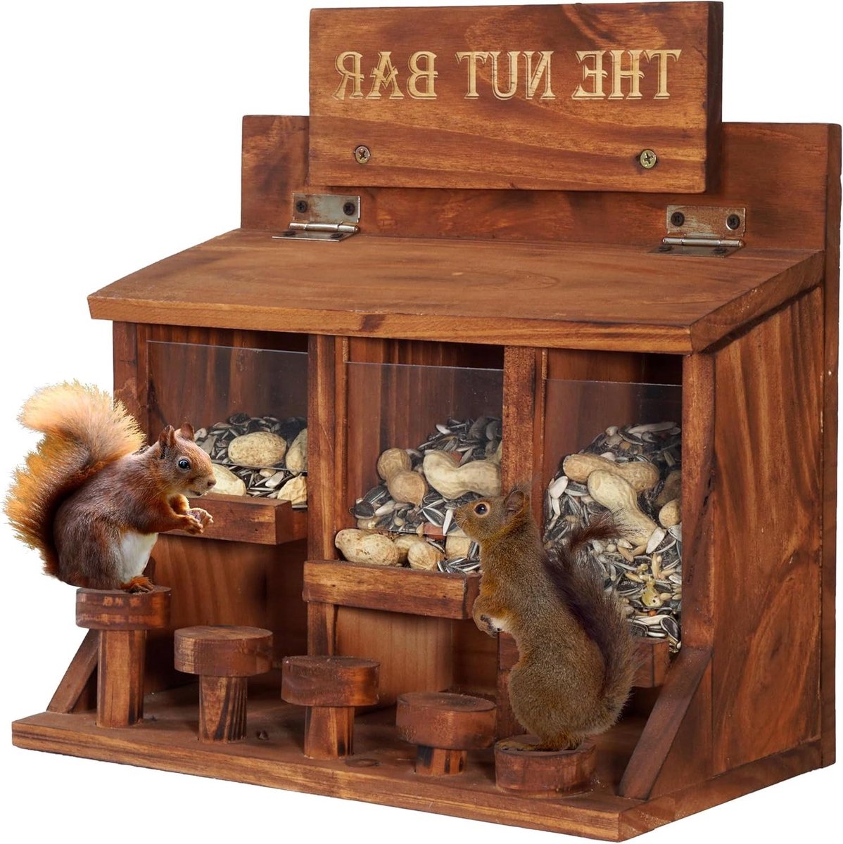 Eekhoorn Voederhuisje Tafel - Voederplank Eekhoorns - Dieren Voeren - Drie Voerbakken - 30 x 15 x 30 cm - Bruin