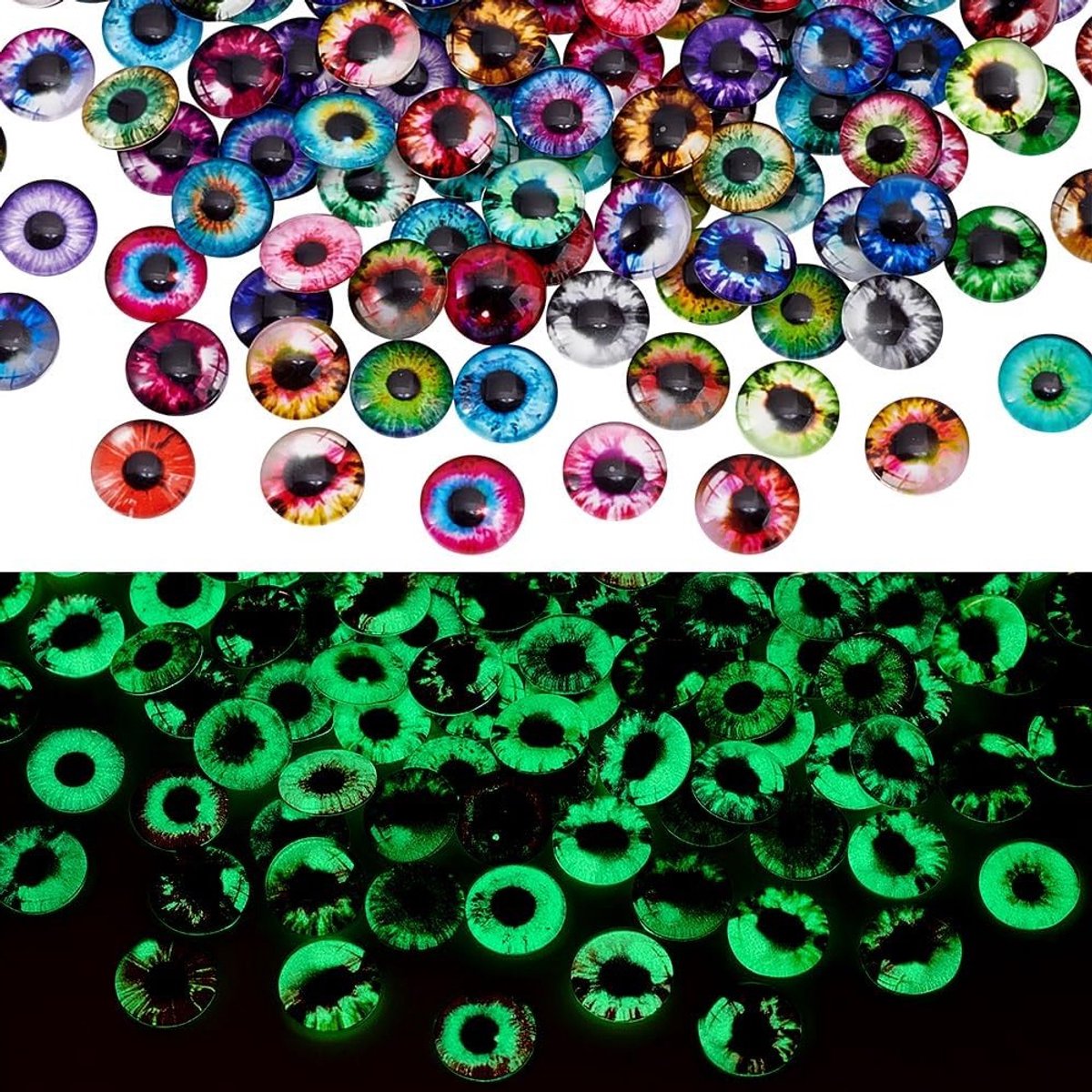 200 Stuks Glazen Ogen Cabochons in 50 Stijlen - Luminous Dierenogen 12mm Ronde Plakogen voor Kleidolls, Creatieve Accessoires en Fotocameo's