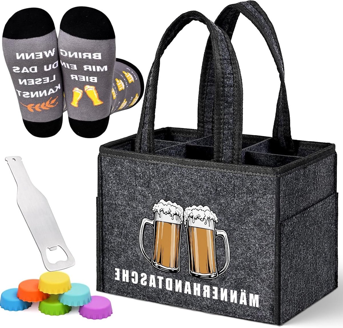 Handbag voor Mannen met 6 Flessen, Perfect voor Bierfeesten, Vaderdag en Verjaardagen met Flesopener en Bier Sokken, Grijs