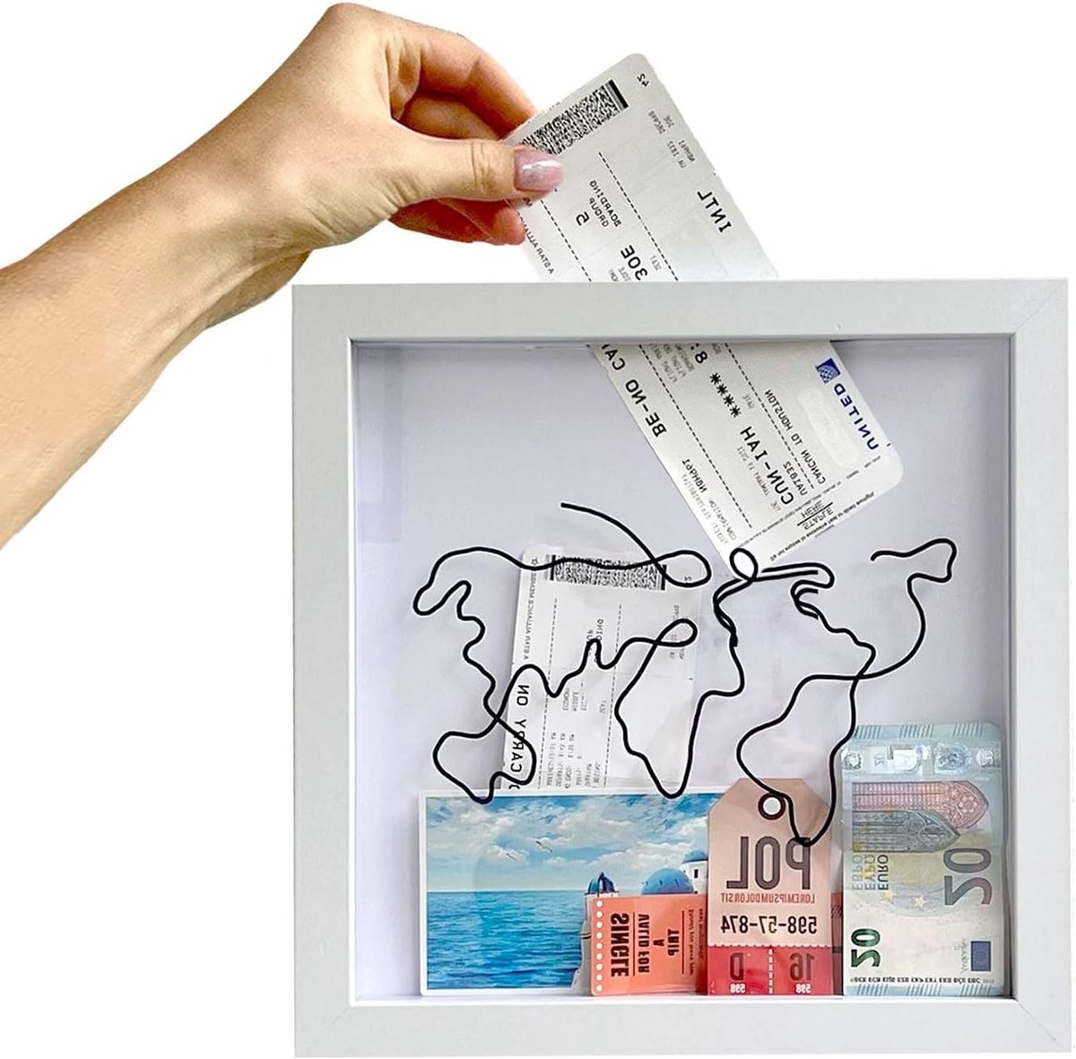 Herinneringsdoos voor Tickets, Reisdokumentschaduwdoos voor Tafel en Wand, Wereldkaart Fotolijst (medium, 20x20cm)