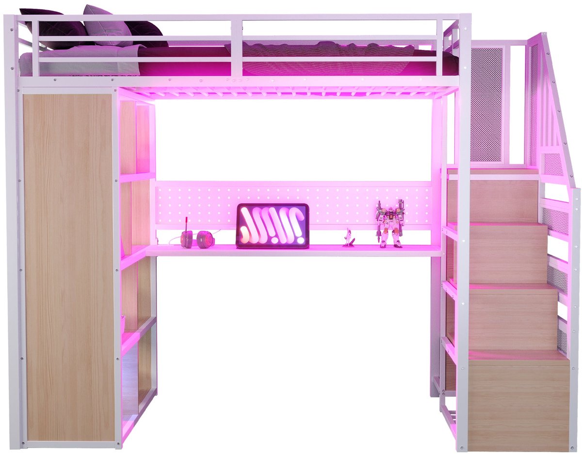 Merax Hoogslaper 90x200 cm - Bed met Opbergruimte - Bureau - Kledingkast - LED Verlichting met Afstandsbediening - Wit