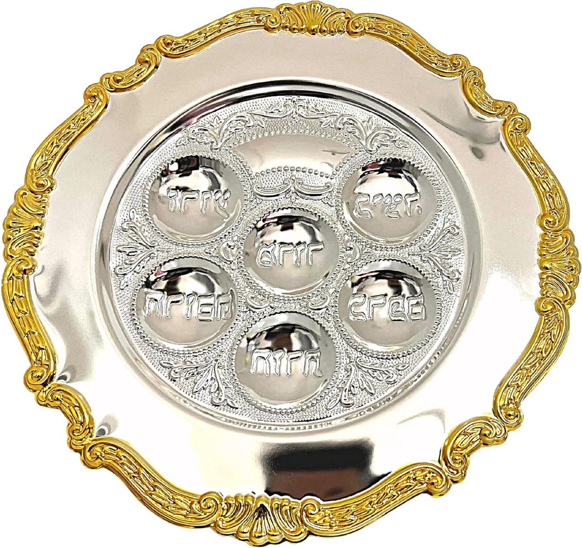 Pascha Plaat - Seder Dienblad - Kosjer Feestmaal - Zes Niches - 33 cm Diameter - Zilverkleurig