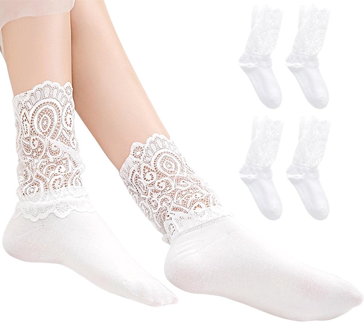 Lace enkel sokken met ruffles - 2 paar stijlvolle kanten enkelsokken voor dames, perfect voor elke gelegenheid