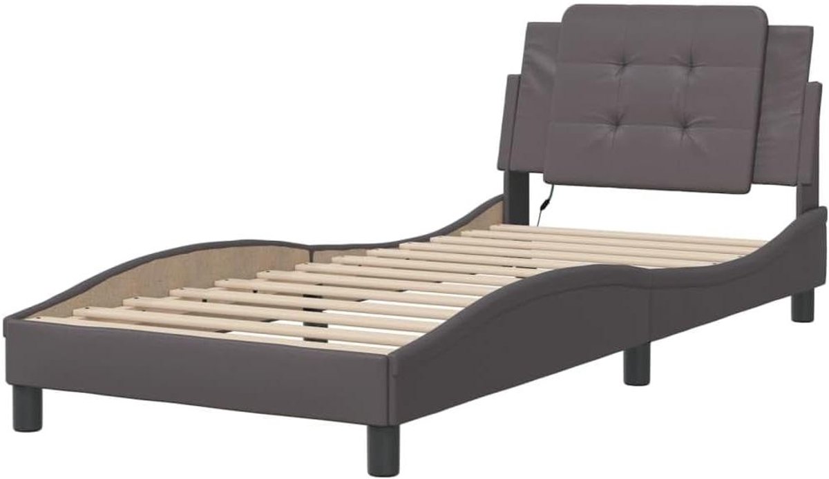 Bedframe met LED - Eenpersoonsbed frame - Comfortabel slapen - Duurzaam kunstleer - 90x200 cm - Grijs