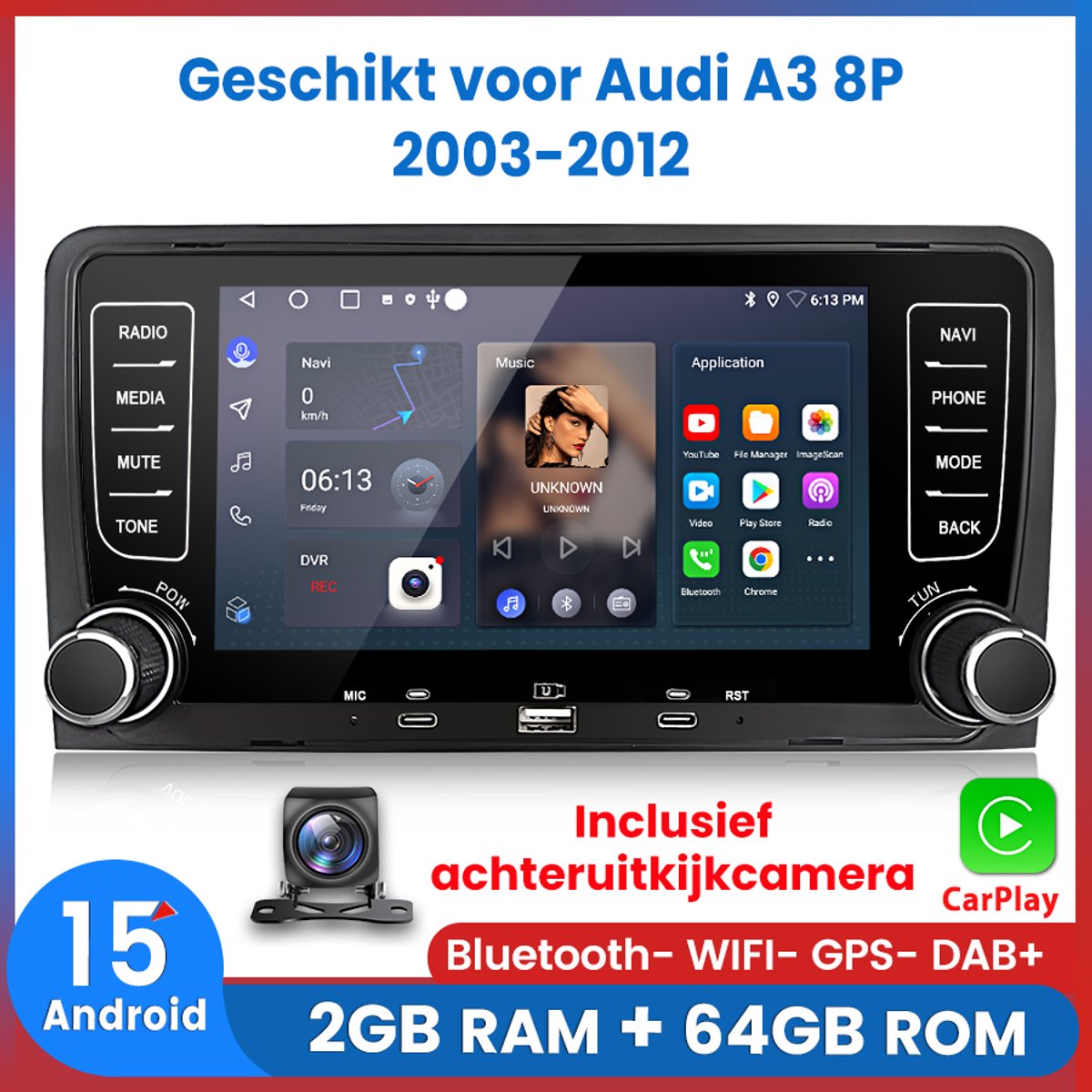 Awesafe Android15.0 Autoradio - Geschikt Voor Audi A3 8P 2003 t/m 2012 - Draadloos Carplay & Android Auto - Ram 2GB + Rom 64GB - GPS Navigatie Bluetooth WIFI - Radio Scherm - USB / Type-C - Inclusief achteruitkijkcamera