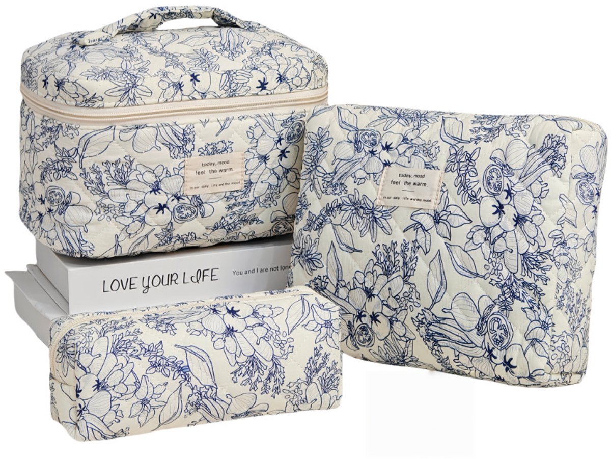 Set van 3 Make-up Tasjes Gewatteerd Bloemen Katoen – Grote Capaciteit Esthetische Cosmetische Tas & Toilettas voor Vrouwen – Reistas Organizer met Ritssluiting -Grote zwarte bloem, 3-delige set [groot + middel + klein]