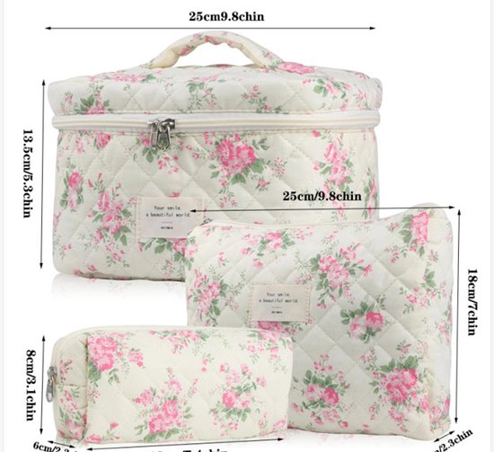 Set van 3 Make-up Tasjes Gewatteerd Bloemen Katoen – Grote Capaciteit Esthetische Cosmetische Tas & Toilettas voor Vrouwen – Reistas Organizer met Ritssluiting -Roze bloem, 3-delige set [groot + middel + klein]