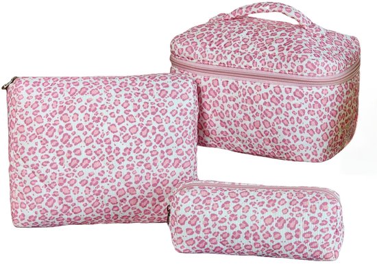 Set van 3 Make-up Tasjes Gewatteerd Bloemen Katoen – Grote Capaciteit Esthetische Cosmetische Tas & Toilettas voor Vrouwen – Reistas Organizer met Ritssluiting -Roze rimpelingen, 3-delige set [Groot + Middel + Klein]