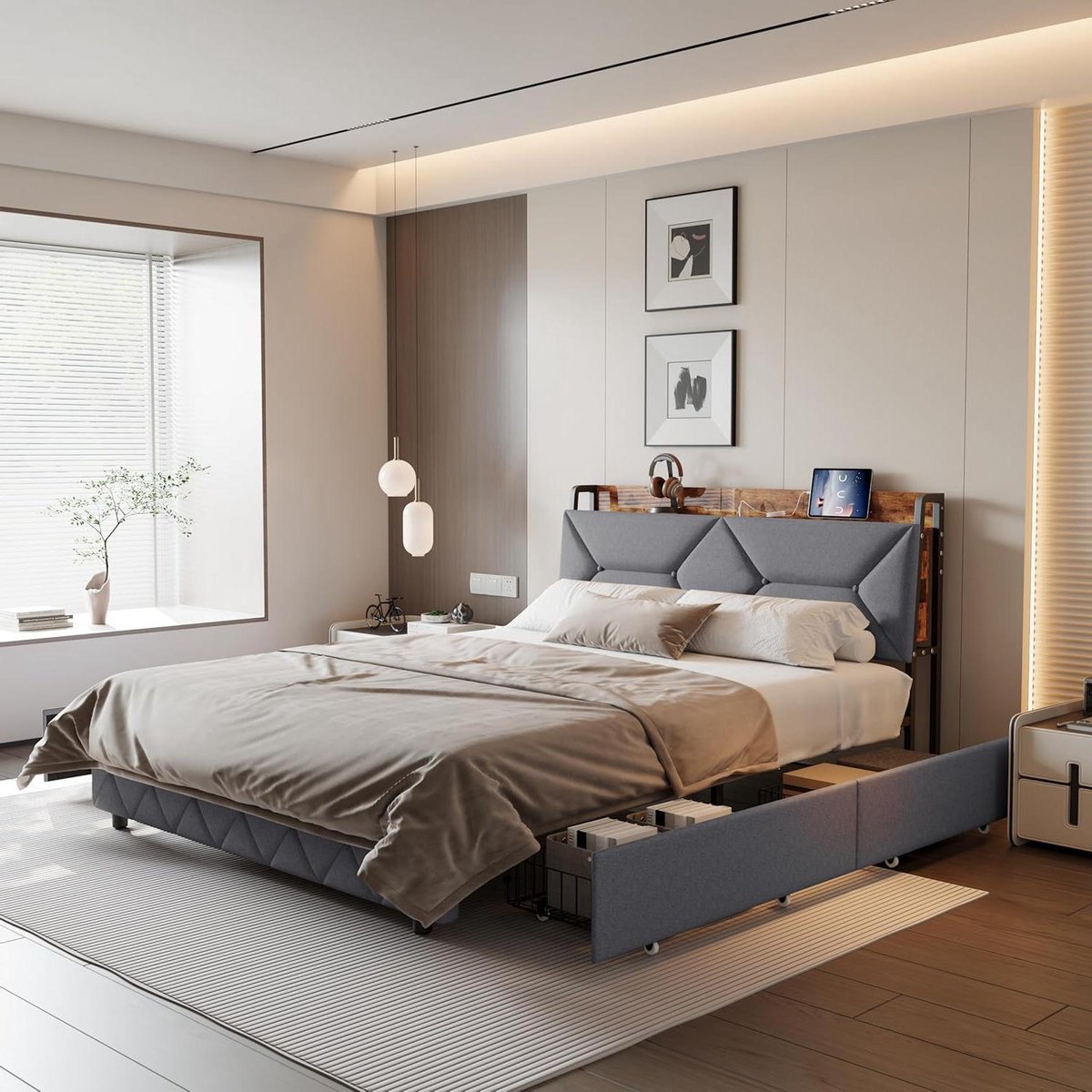 Bed met Lades - Tweepersoonsbed Opbergruimte - Slaapkamer Organiseren - Geïntegreerde USB-poort - 140x200 cm - Grijs