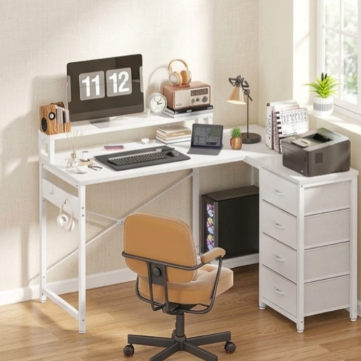 Hoekbureau L-vorm 130x100x75 cm Wit met 4 Laden – Bureau met Stopcontacten, USB, LED Verlichting & Monitorplank, Modern Computerbureau voor Thuiswerkplek – Urbanhome