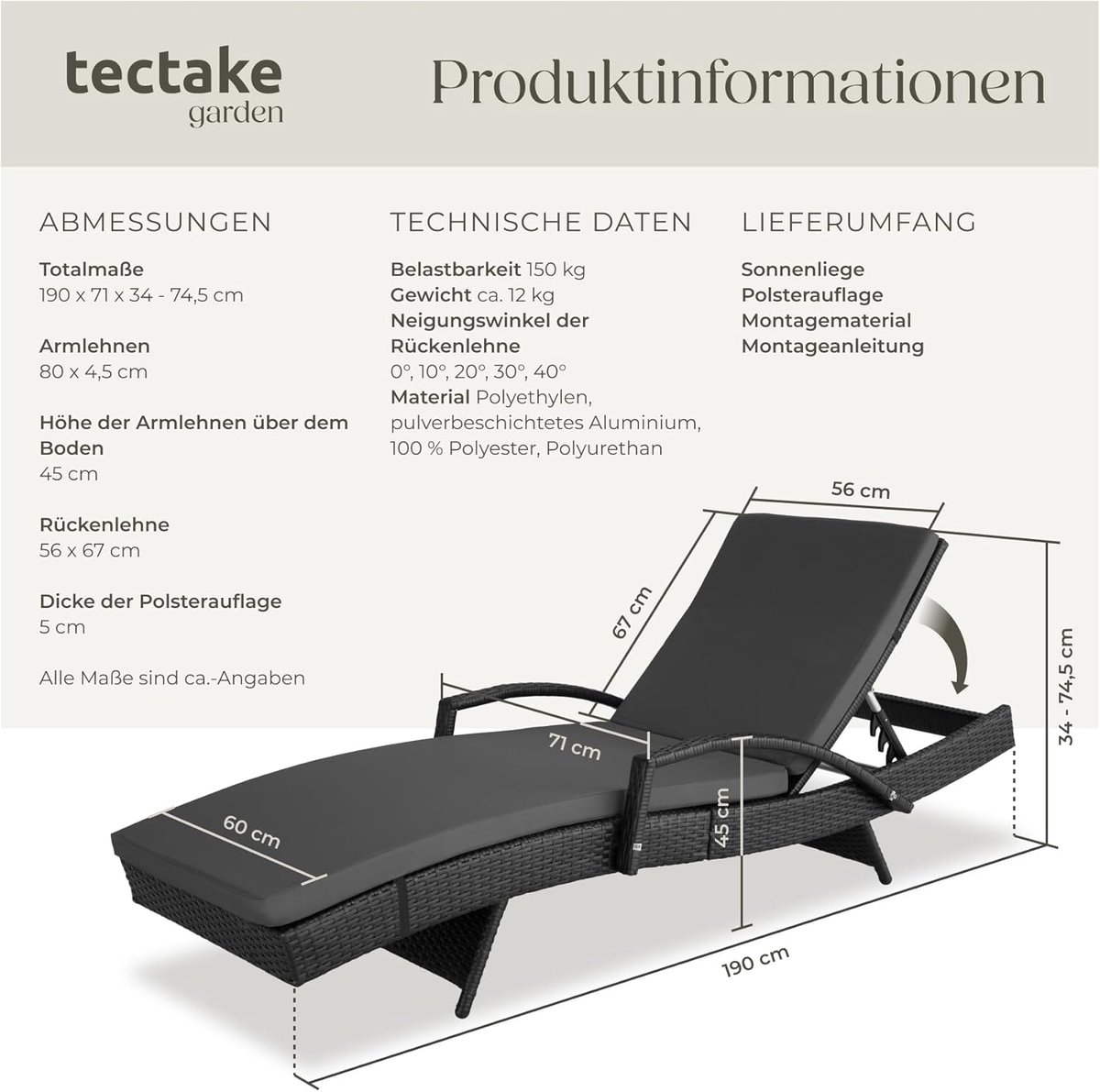 Rotan ligbed aluminium 190x71x74,5 cm – 5-voudig verstelbaar zonnebed met kussen, weerbestendig tuin ligstoel, outdoor relax dagbed voor tuin, balkon & terras – Nicolehome