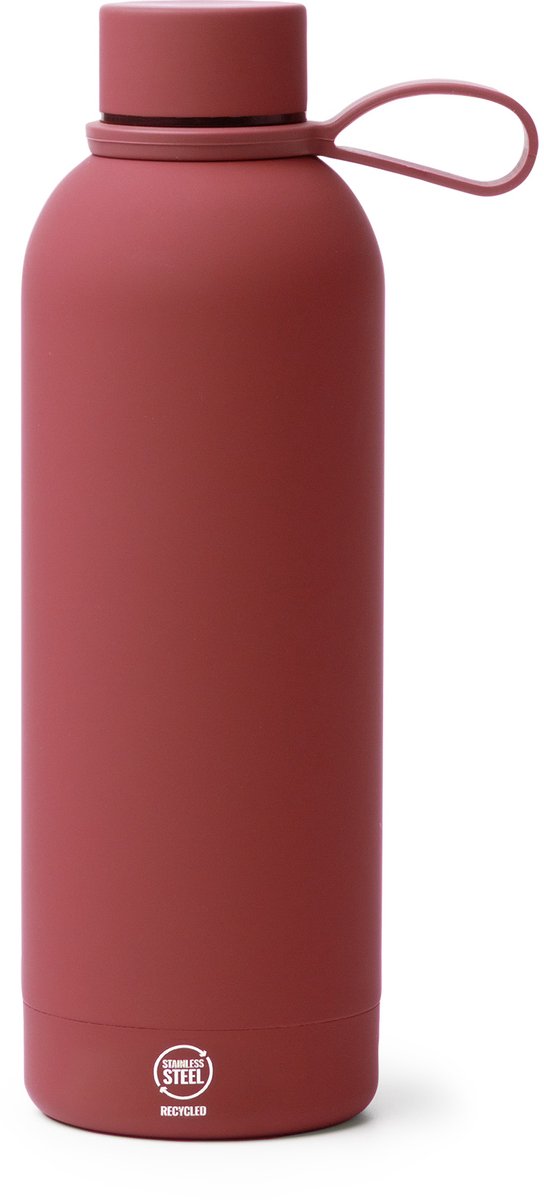 Rode fles themo to-go zonder oor 500 ml gerecycled RVS anti drup