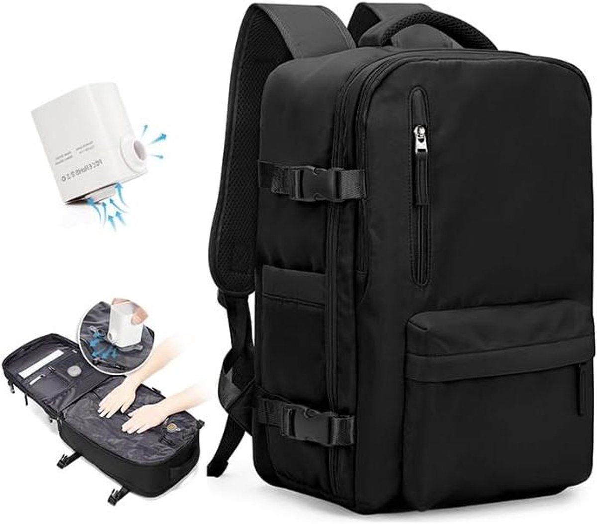 Reisrugzak met Pomp - Vakantie Tas - Bagage Vacuüm Opslag - Vliegtuig Handbagage Formaat - 47x31x22 cm - Zwart