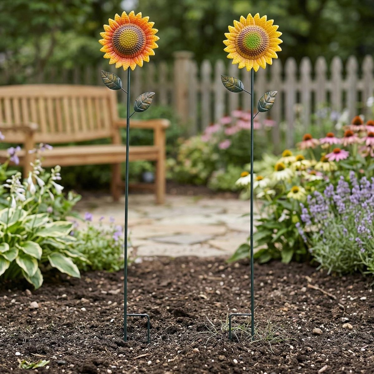 Metalen Bloem Stok - Tuin Decoratie - Tuin Verfraaien - Roestbestendig Metaal - Set van 2 - Geel