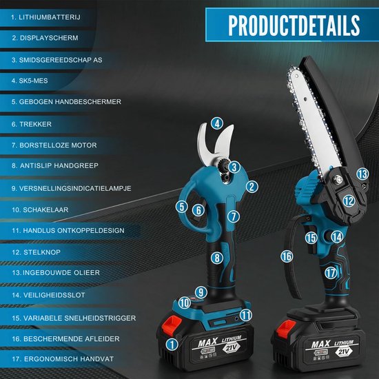 HEZIVO® Takkenschaar Telescopisch - 4-in-1 Snoeiset - Mini Kettingzaag - Takkenzaag - Accu Snoeischaar - Uitschuifbaar - Met 2 Accu's van Merkloos	 — afbeelding 2