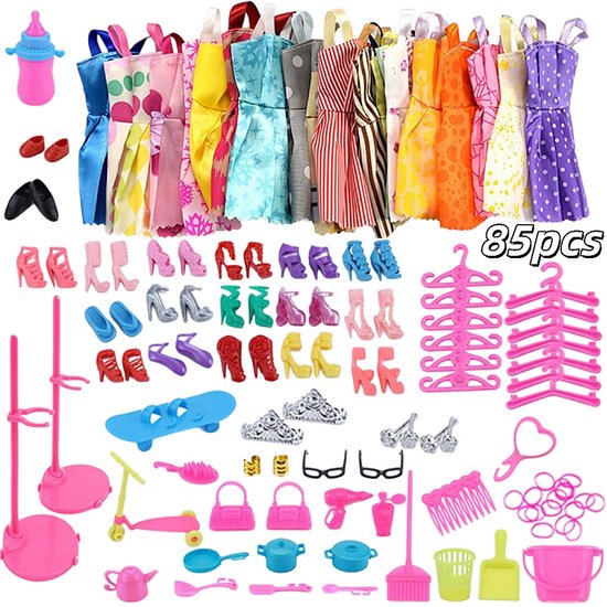85 stuks Barbie verkleedpop accessoireset - Ruime keuze - Poppenhoofdset - Poppenschoenen in geschenkverpakking -Barbie accessoires-poppenkleding-speelset voor kinderen- Verpakking 20×15×8cm - Voor meisjes om mee te spelen en zich te verkleden - Roze