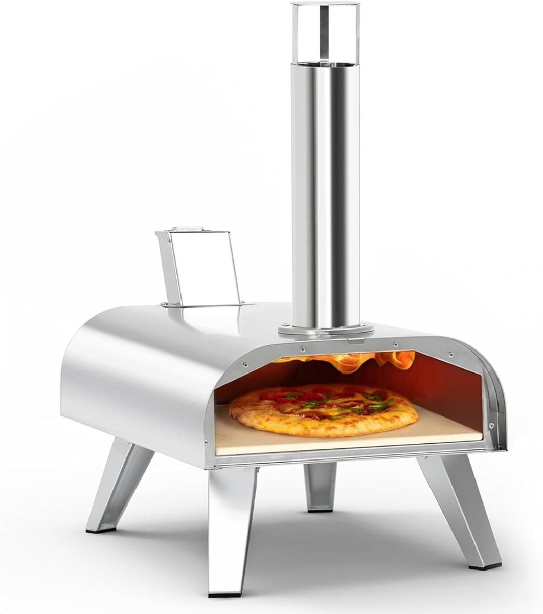 REN®Pizza oven Buiten - Pizza oven Buiten - Houten pizzaoven voor buiten - draagbare roestvrijstalen pizzagrill - houtgestookte pizzamaker - Zilver - 55cm x 37cm x 74cm