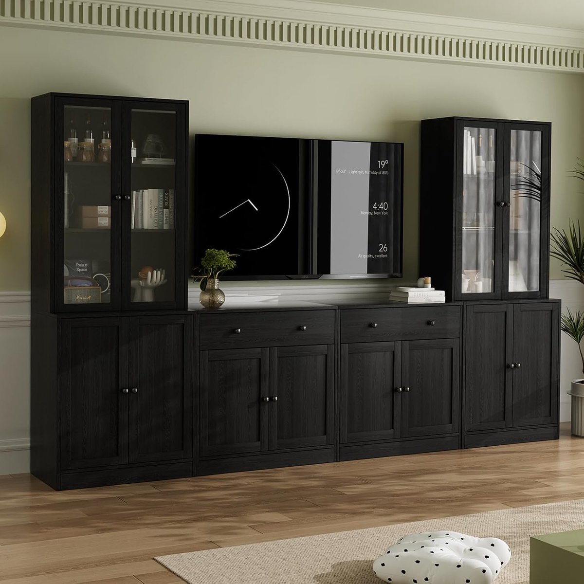 Modulaire Industriële TV Kast met Boekenkasten 280 cm – 4-delig TV Meubel tot 70 inch met Gehard Glas Deuren en Opslagvakken – Zwart