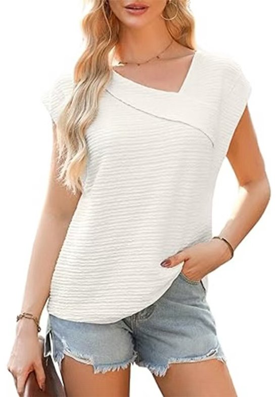 T-shirt d'été pour femme avec col oblique, T-shirt tendance à manches courtes, haut basique, chemisier ample, couleur unie pour un usage quotidien et les loisirs, couleur pêche S