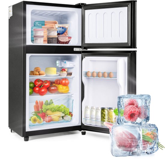 Zwarte koel-vriescombinatie 60L, 22L vriesvak, 7 temperatuurstanden, energieklasse E, LED verlichting