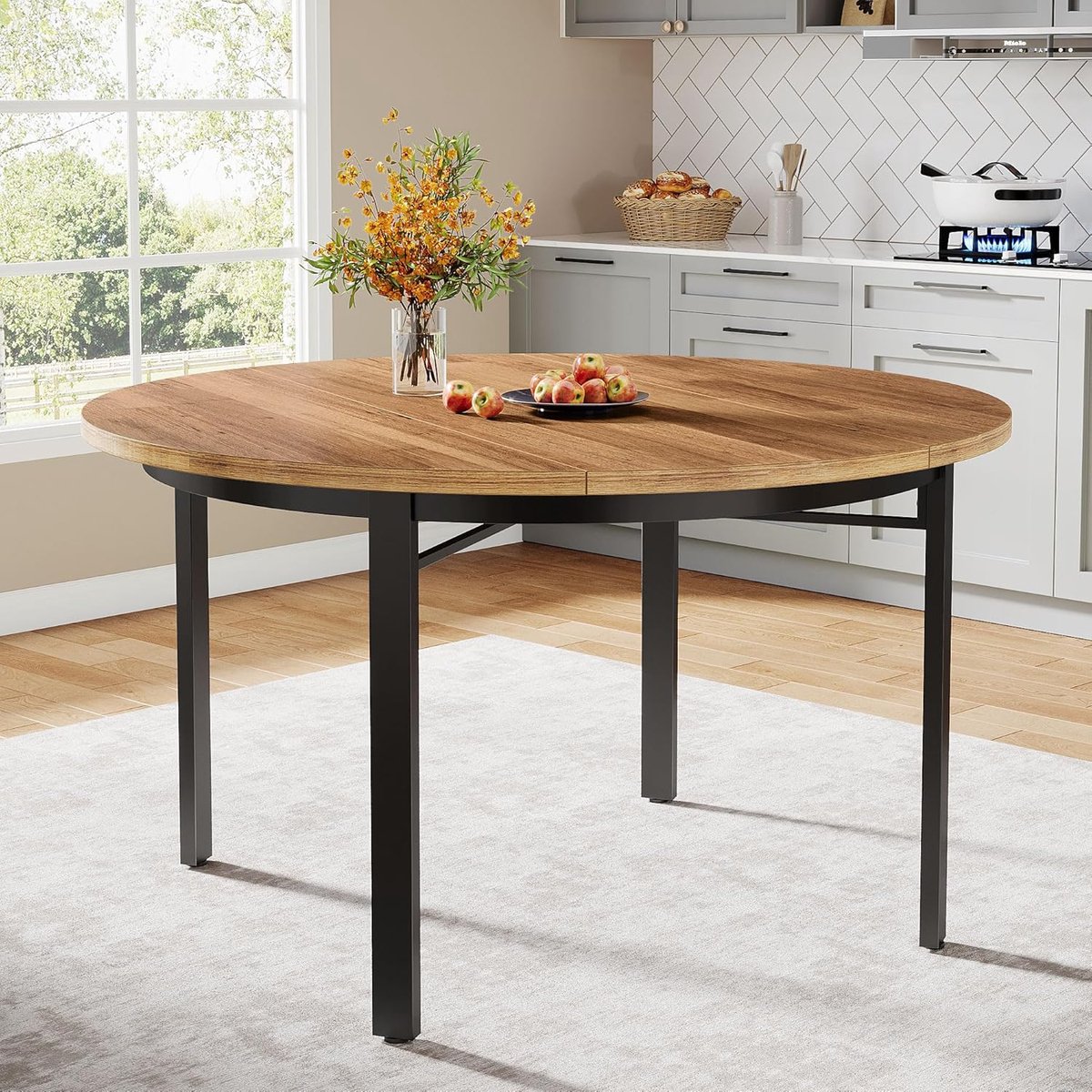 Ronde Industriële Eettafel 120 cm – Rustieke Bruine Keukentafel voor 4-6 Personen met Stevig Metalen Onderstel & Houten MDF Tafelblad 118,5 x 118,5 x 76 cm