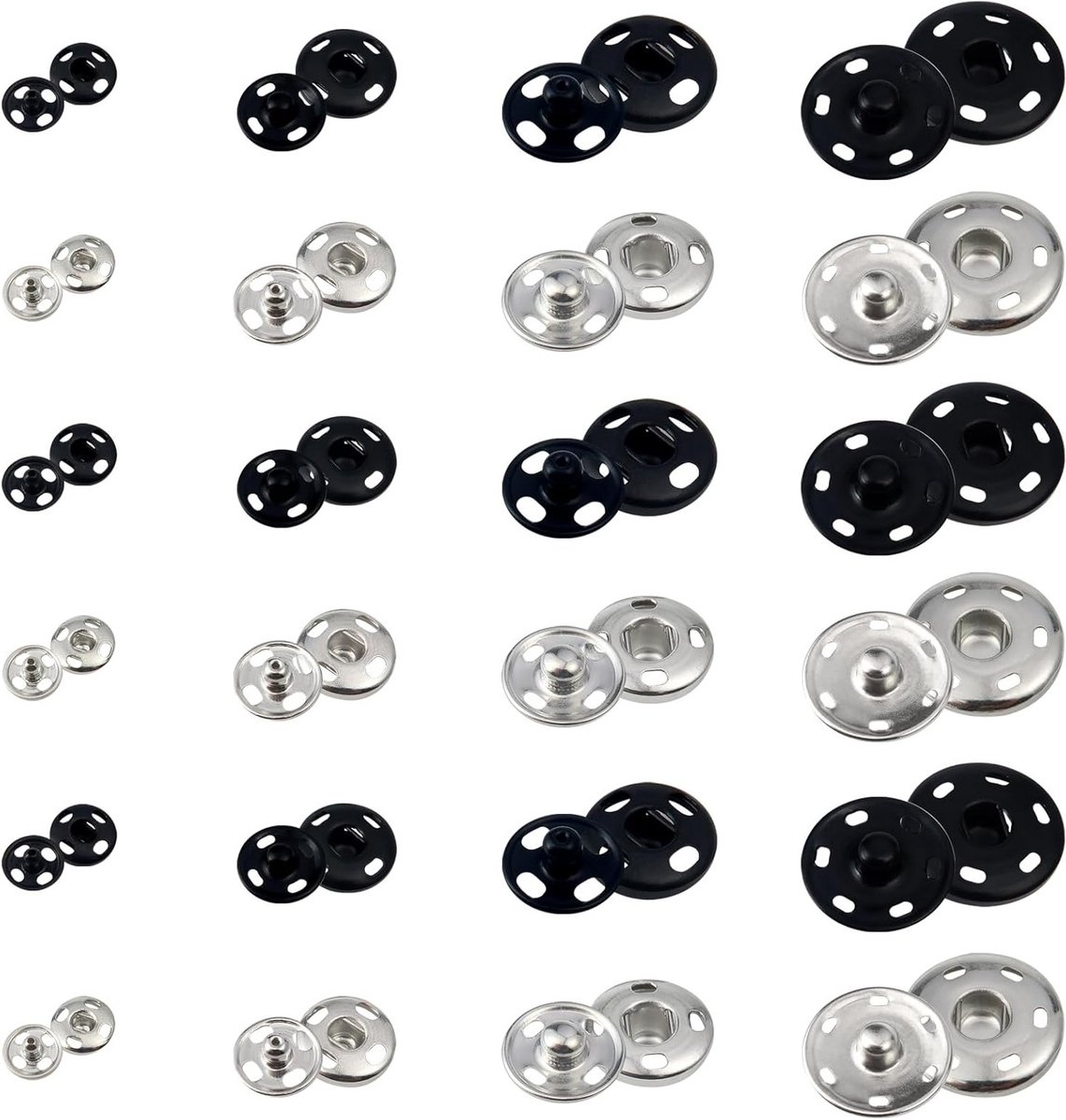 120 Sets Naai Draad in Zwart en Zilver - 7 mm, 12 mm, 15 mm, 21 mm voor Handwerk, Kleding en Leerbewerking