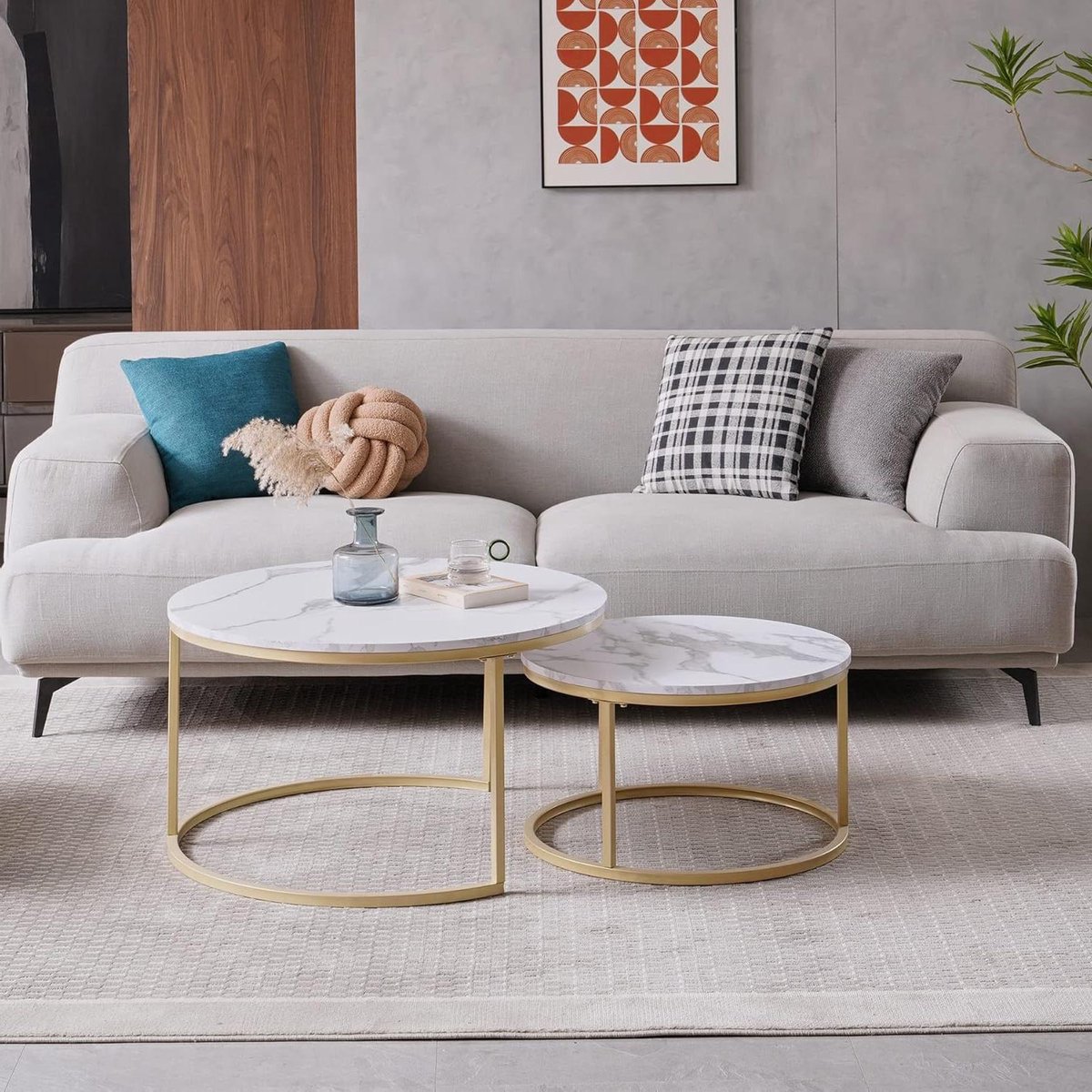 Set bijzettafels - Nest tafels - Woonkamer inrichten - Marmerlook blad - 60x60x45 cm - Wit Goud