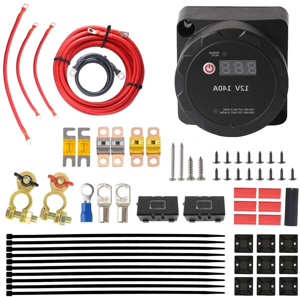 Scheidingsrelais Dubbele Batterij - Batterij Isolator Relais - Automatisch Batterijen Laden - Real-time Spanningsweergave - 12V 140A - Zwart
