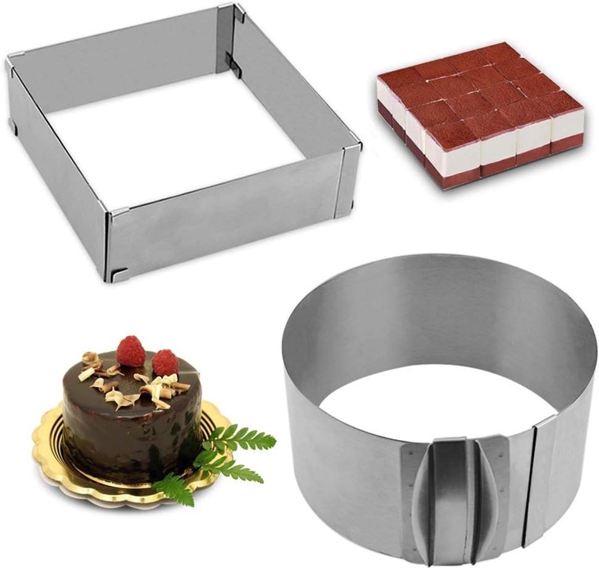 Verstelbare Taartring Set - Bakvorm Ring - Taarten Bakken - Roestvrij Staal - 16-30cm Verstelbaar - Zilver