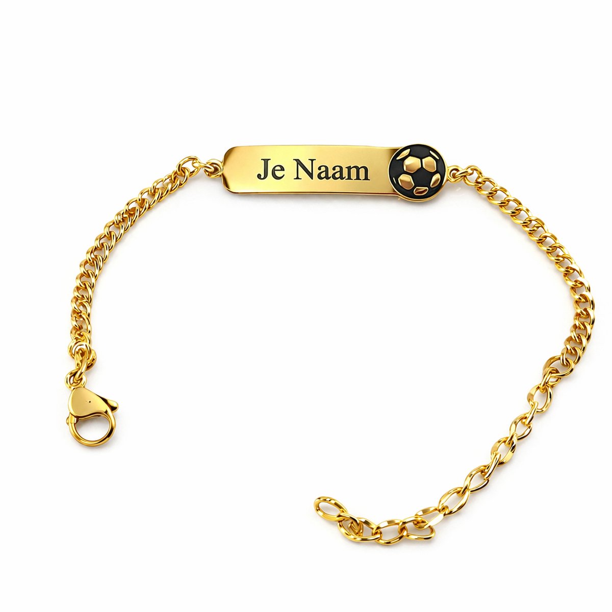 Armband met graveer, Armband met naam, Gepersonaliseerde kinderarmband met naamgravure en voetbal bedel - goudkleurig, Armband met naamplaatje ,graveerarmband