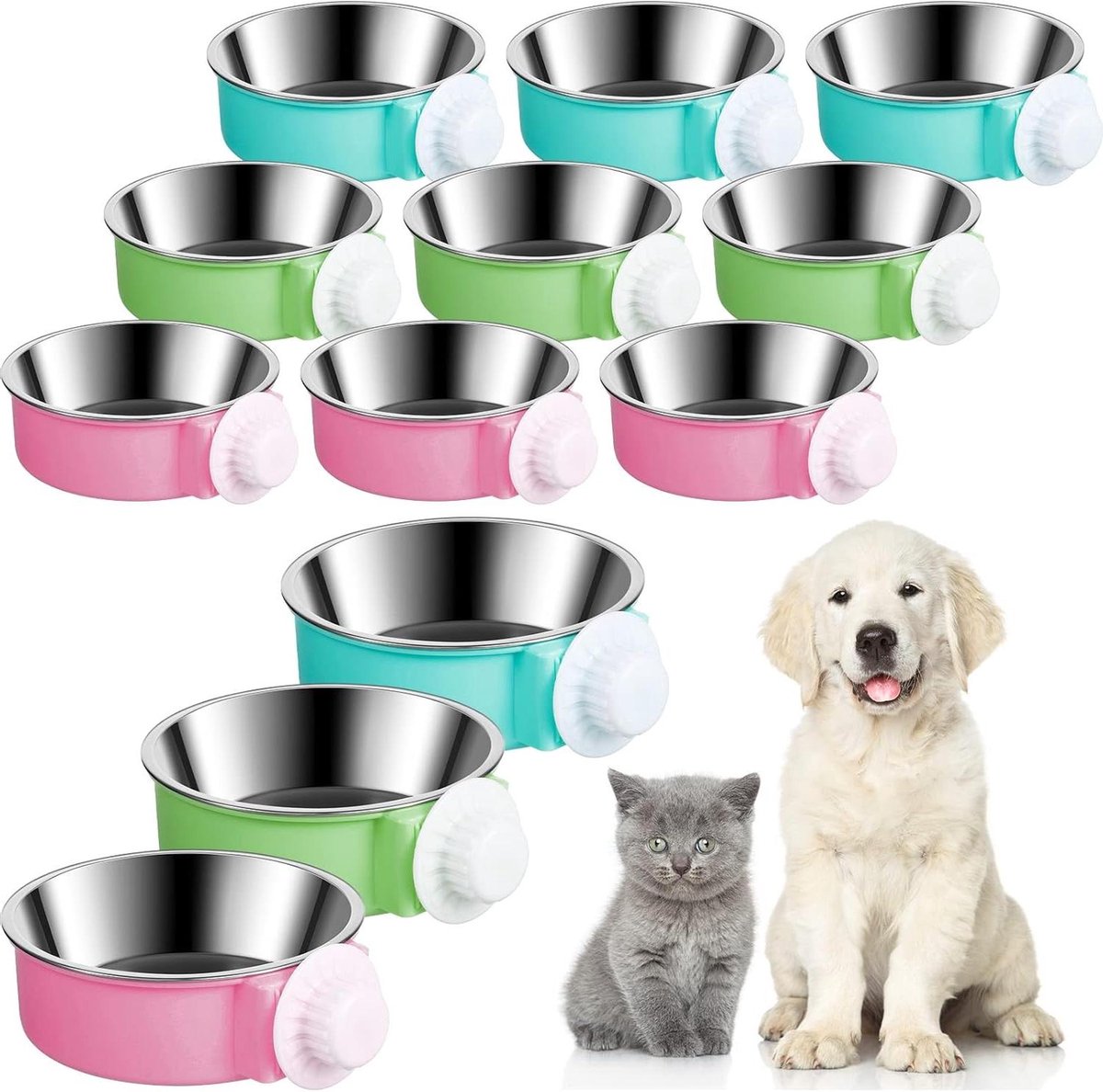 Honden Voerbakken - Voer Water Kom - Voorkomt Morsen - Afneembare Binnenbak - 12 Stuks - Blauw Roze Groen
