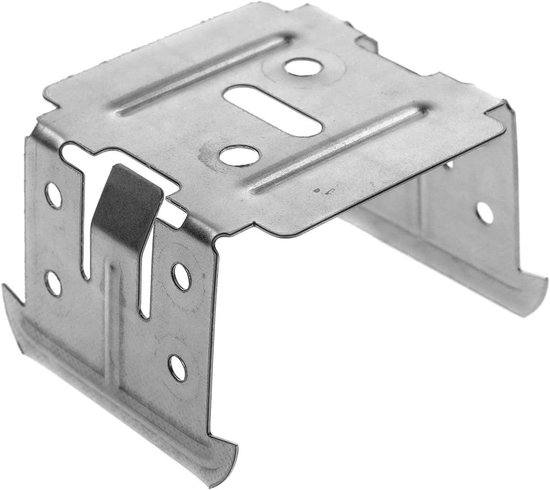 Zilverkleurige, U-vormige metalen houder met perforaties en inkepingen voor profielen.