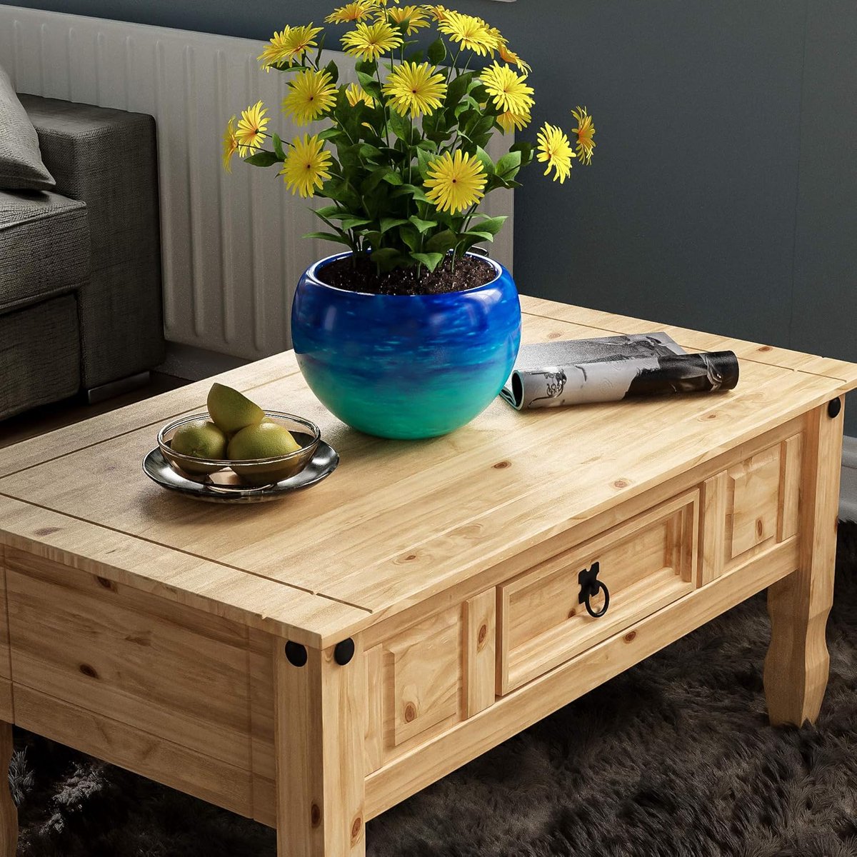 Salontafel met lade 94x56x45 cm – houten bijzettafel in grenen met opbergruimte – landelijke tafel met lade voor woonkamer – Urbanhome