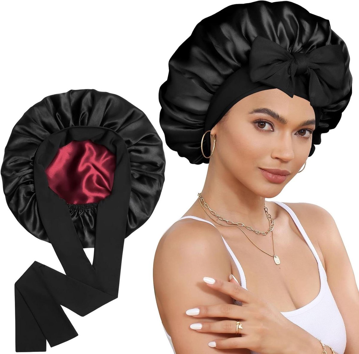 Satijnen Slaapmuts - Haarbonnet Nachtmuts - Haar Beschermen - Dubbellaags Ontwerp - Verstelbaar - Zwart Rood