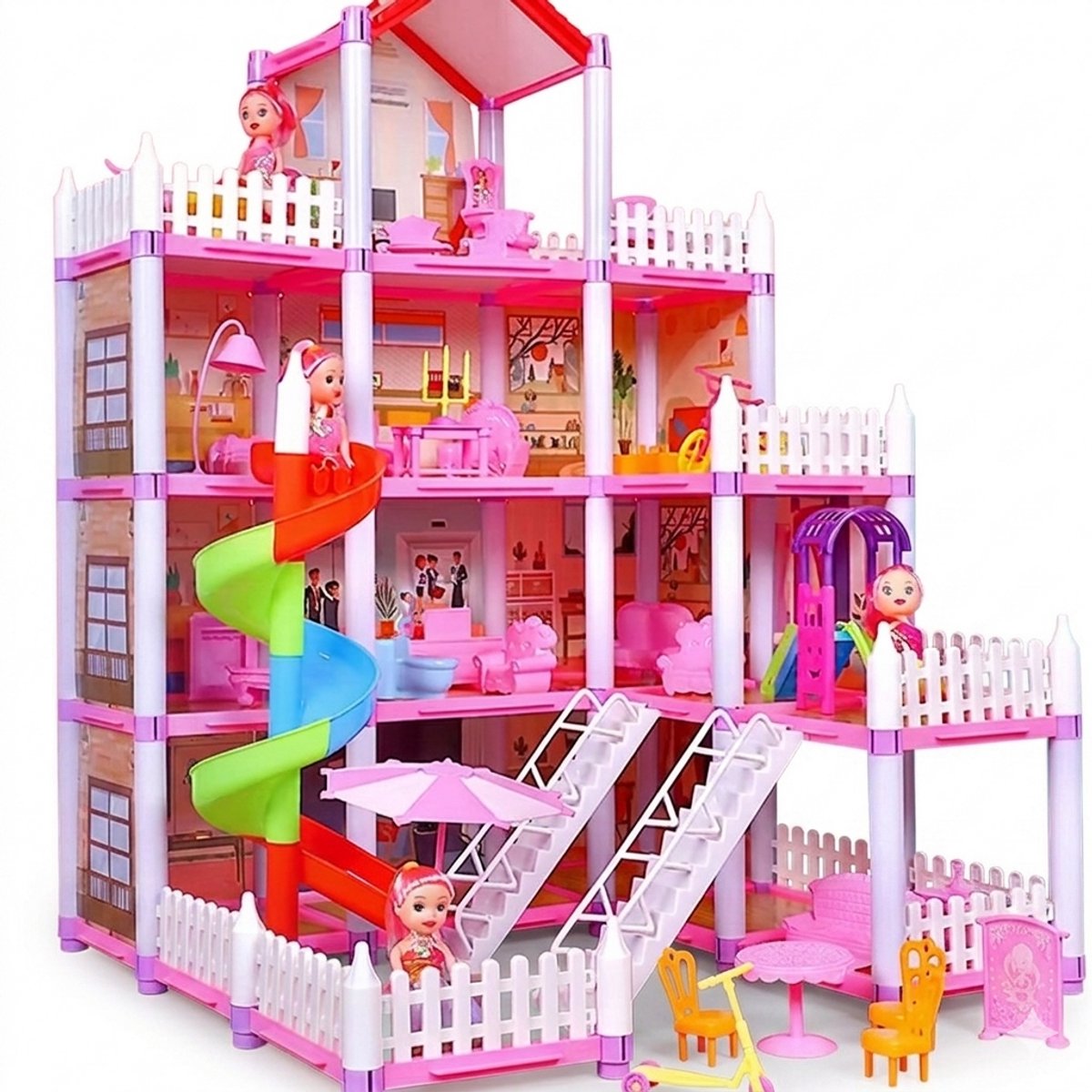 DMG Supply Poppenhuis - 78 cm Hoog - Glijbaan - Meerdere Verdiepingen - 4 Poppen - 21 Meubels