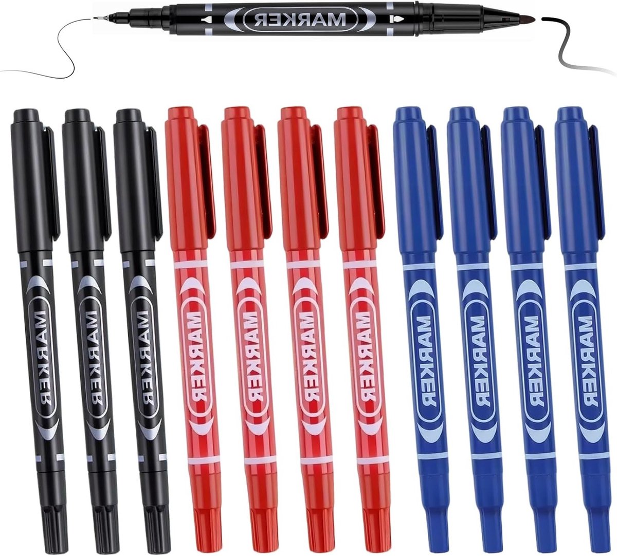 Set van 12 Permanente Marker Pennen met Fijne Punt voor Tekenen, Schrijven en Handtekeningen - Inclusief Blauw, Rood en Zwart