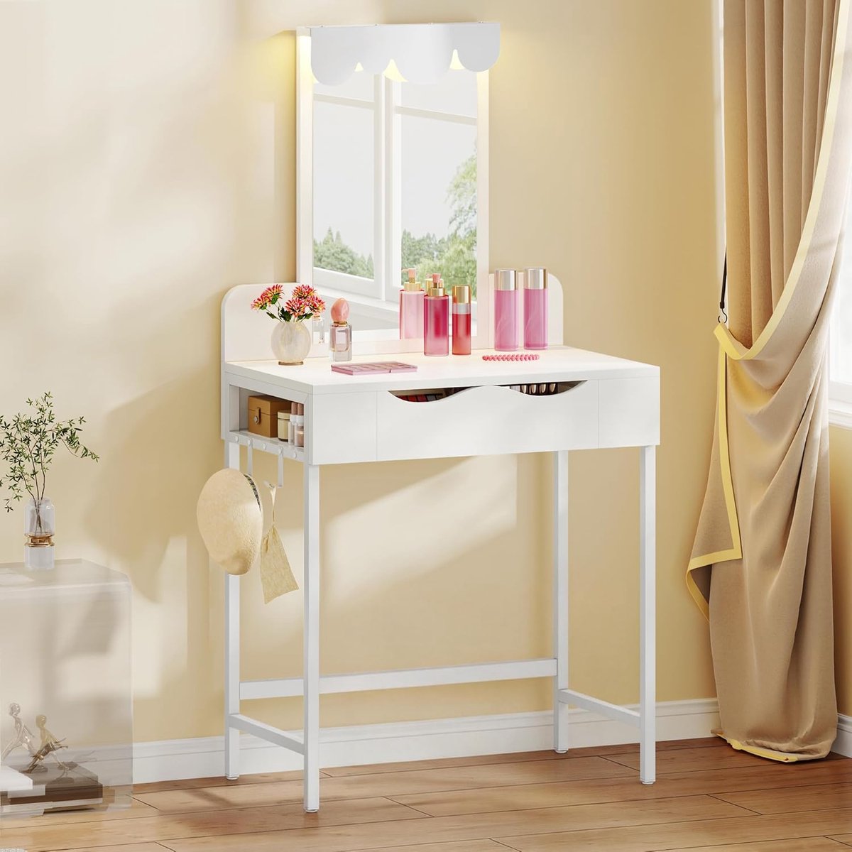 Luxe Wolk LED Kaptafel met Spiegel, Instelbare Verlichting, Stoffen Lades en Opbergkasten 140x40 cm