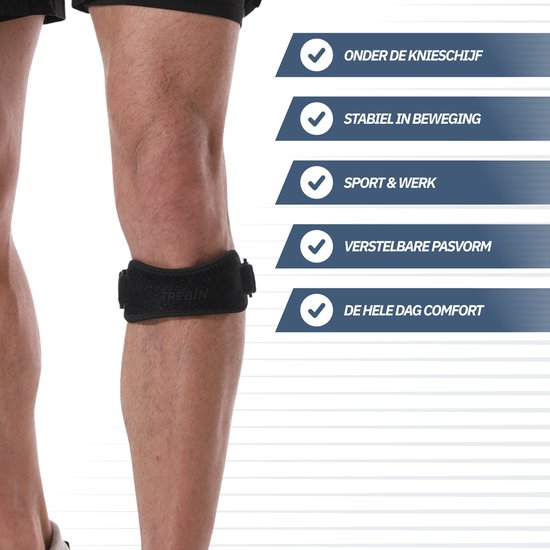 Trebin Patellaband - Kniebrace met Siliconen Drukpunten - Geschikt bij Springersknie en Runner's Knee - Patellabrace voor Linker- en Rechterknie - One Size Verstelbaar - Zwart
