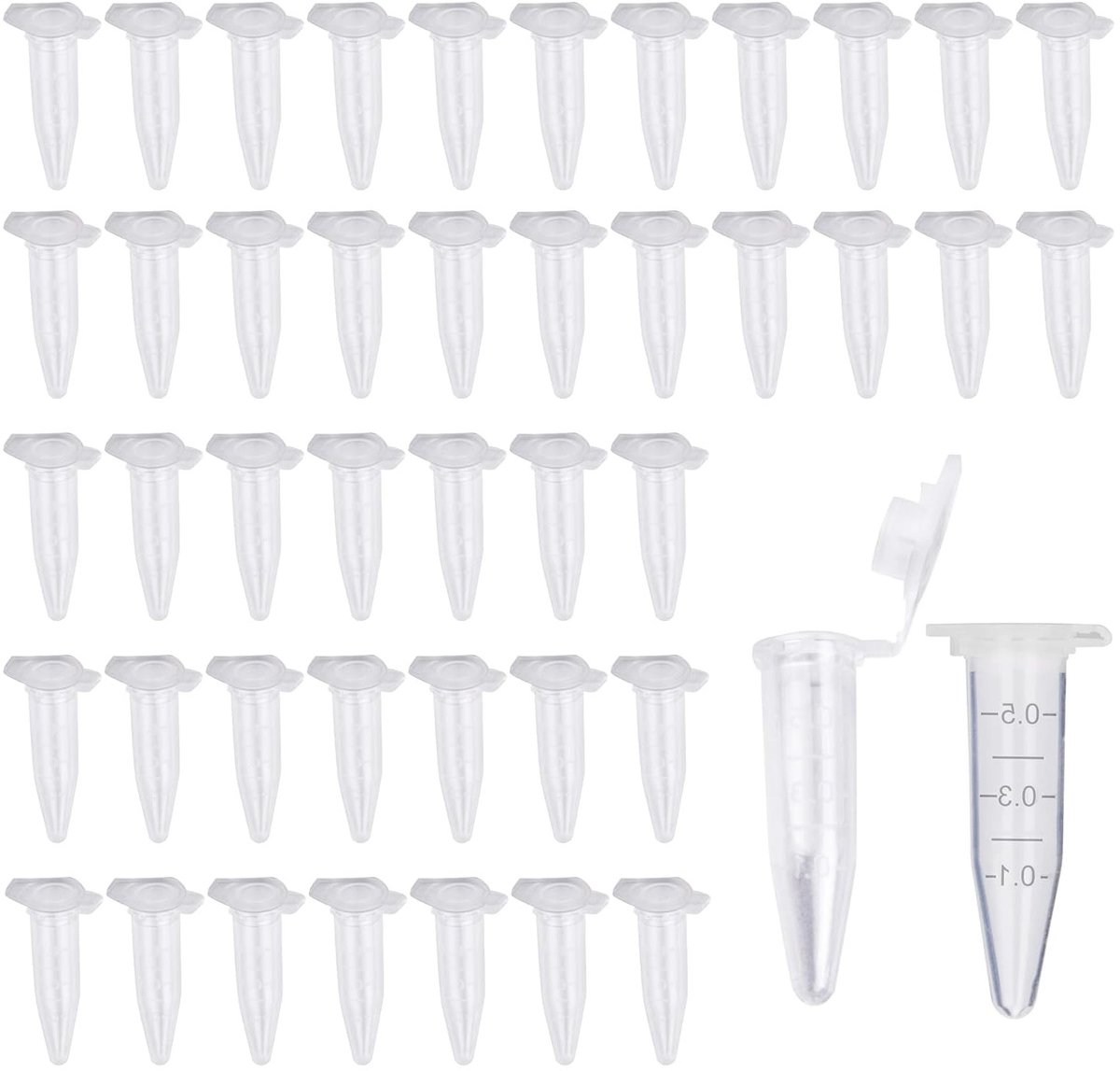 500 Stuks 1 ml Plastic Centrifuge Tubes met Puntige Kop - Micro Testbuizen voor Laboratorium, Conische Centrifuge, Transparant en Gegradueerd Polypropyleen met Plat Deksel