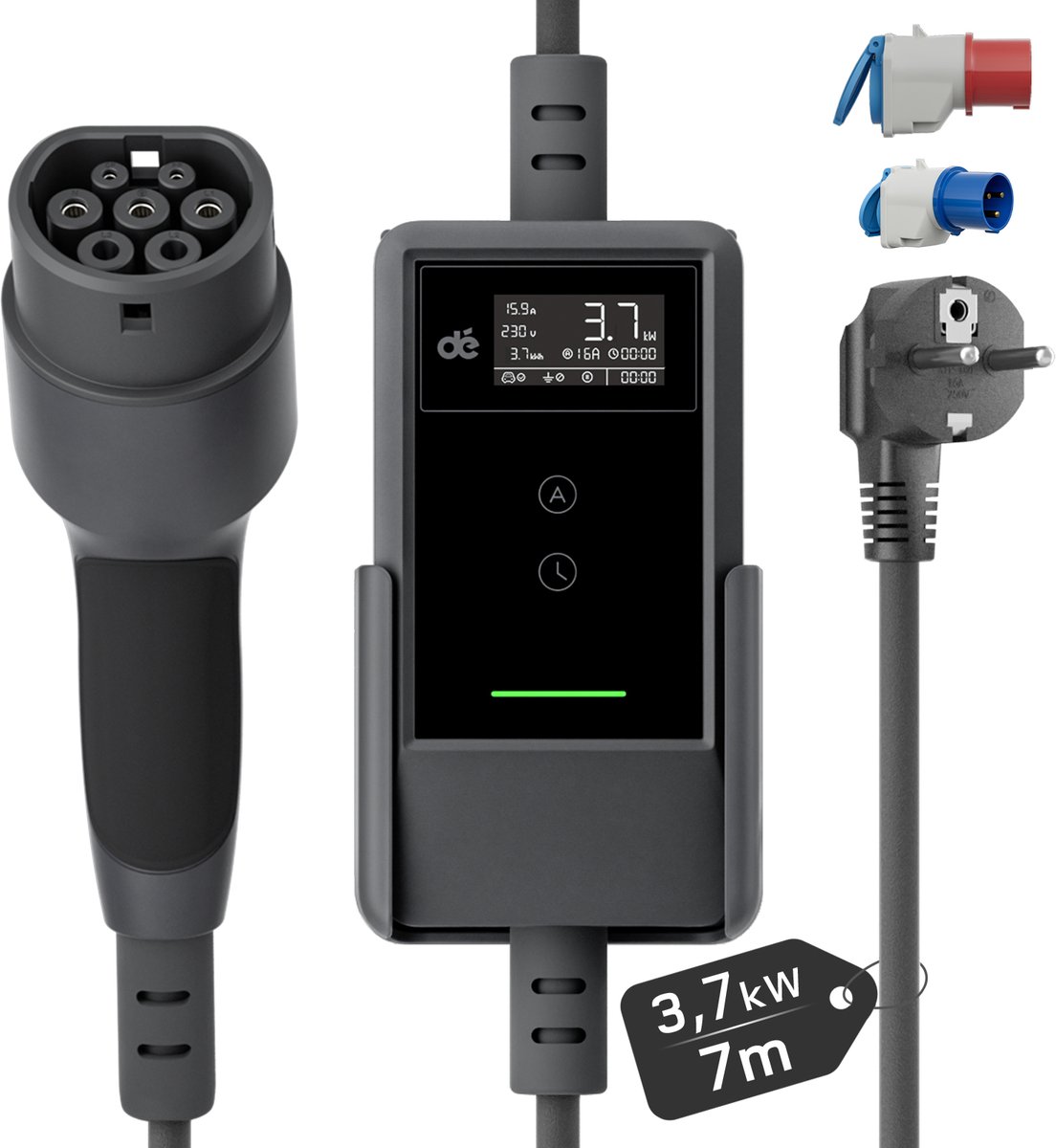 dé Mobiele Thuislader Type 2 - 3,7kW Schuko Laadkabel - 16A 1 fase - 7 meter Kabel - EV-oplader met Regelbaar Digitaal Display - met 2 adapters