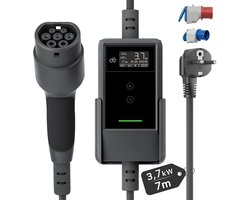dé Mobiele Thuislader Type 2 voor Stopcontact - 3.7kW - 7m TPU Kabel - IP66 - Laadkabel Type 2 naar Schuko - Traploze Laadstroom (6A - 16A) - Laadtijd Inplannen - met 2 adapters