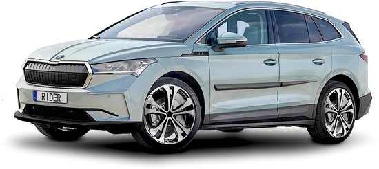 Grijze Skoda Enyaq iV SUV met zwarte grille, chromen velgen en 'RIDER' kentekenplaat.