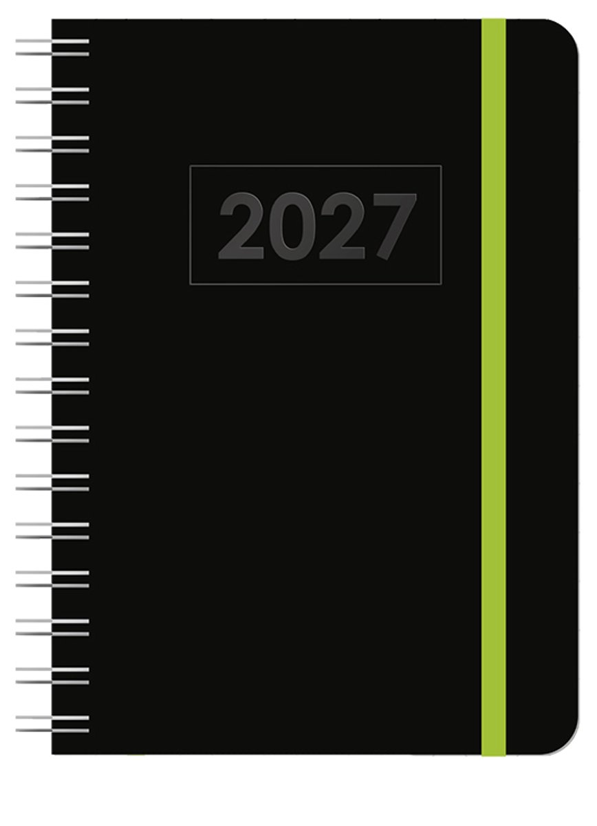 MGPcards - A5 Agenda 2027 - Sluiting Elastiek - Wire-O - Weekoverzicht 1w/2p - Zwart + Groen elastiek - Ruime vakken - 14,8 x 21 cm