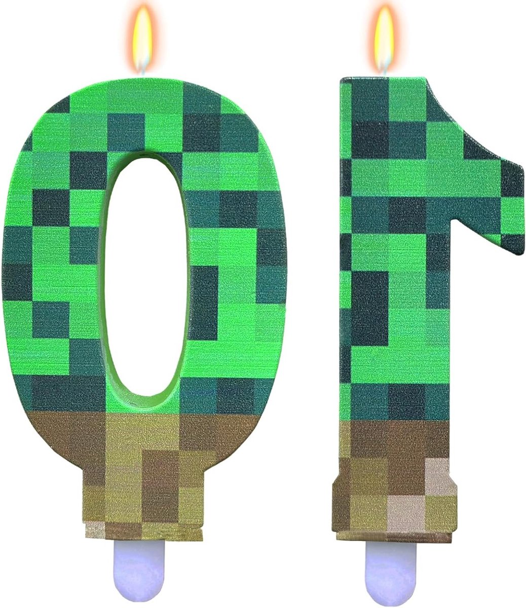 Feestelijke verjaardagskaarsen voor 10e verjaardag - Pixel thema, groene cijfers en videospelmotief voor een unieke taartdecoratie