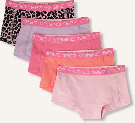 Set van 5 meisjesboxers in kleuren: lichtroze, perzik, lila, felroze en een luipaardprint in roze en zwart met roze band.