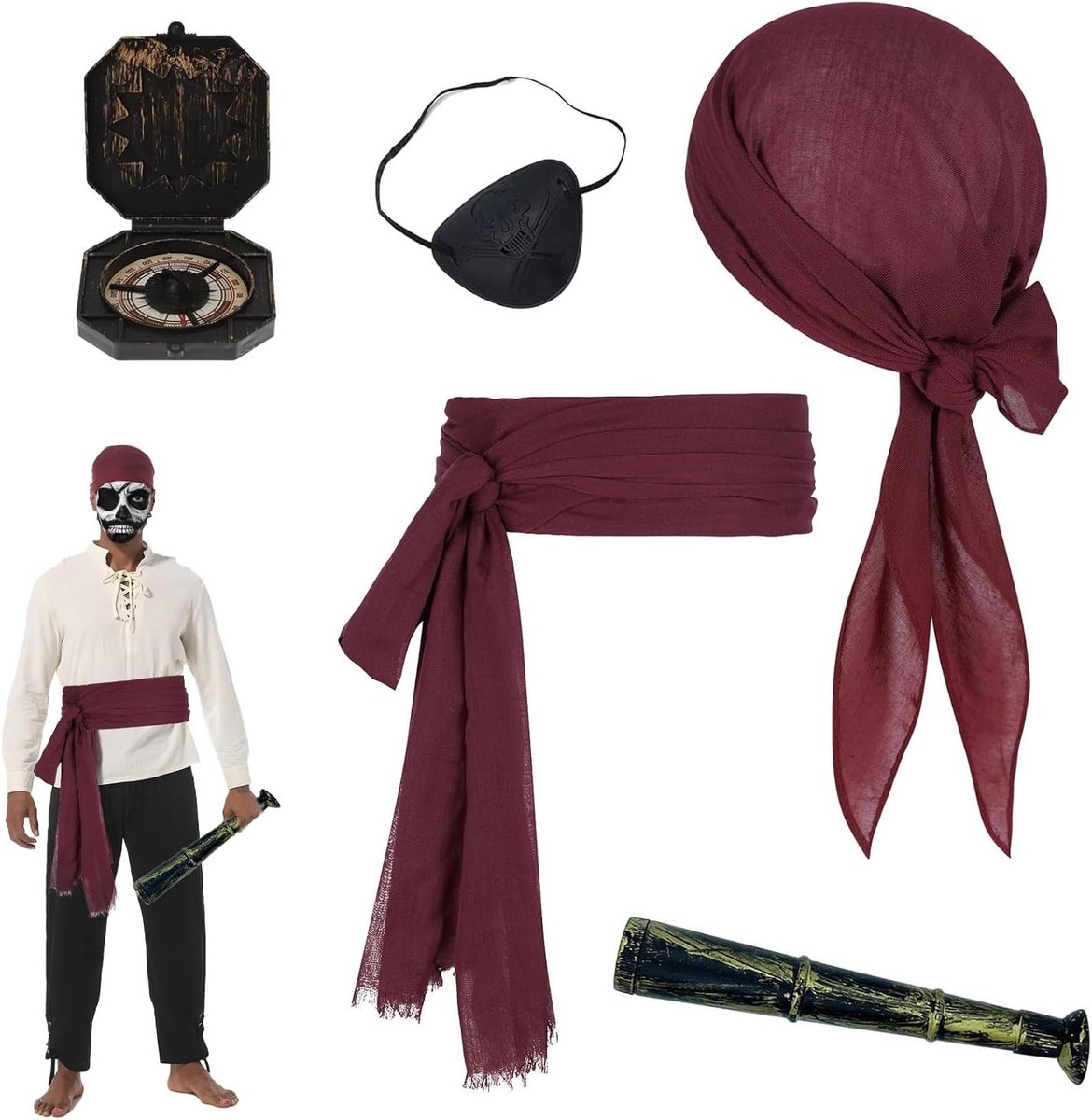 Hoogwaardige Piraten Kostuumaccessoires - Bandana, Sjaal, Ooglapje en Anker Hanger voor Halloween en Verkleedfeestjes