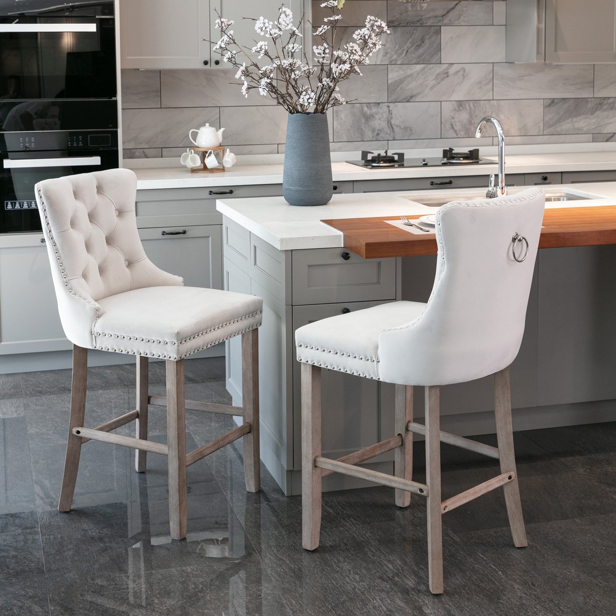 MIVRAY Barstoelen Set Van 2 - Hoge Rugleuning en Siernagels - Voor Keuken en Eethoek - Hou