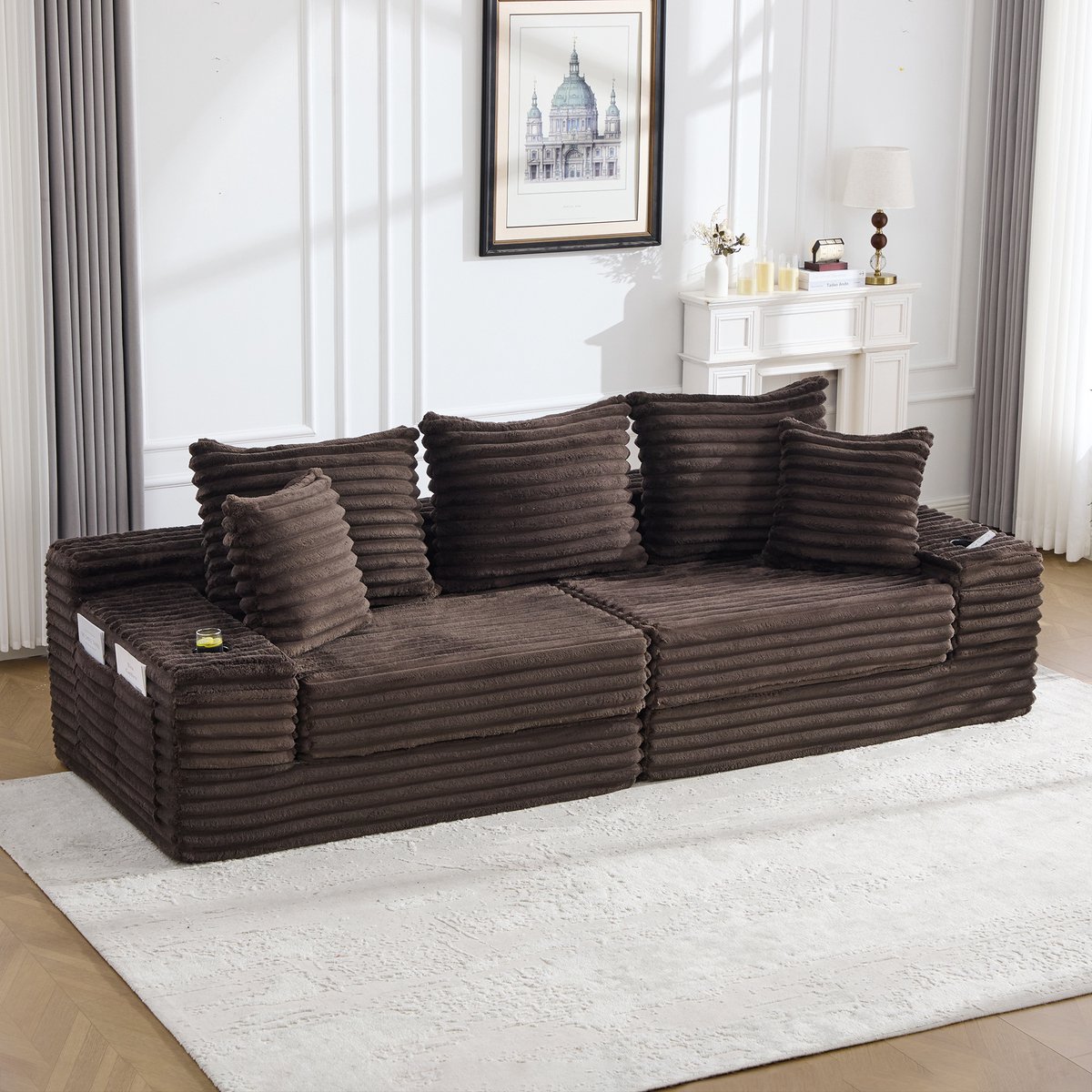 FloraGrace Slaapbank 273 x 98 x 87 Cm - Met Hoge Rugleuning, Zijvakken En Bekerhouders - Ribstof - Koffiebruin