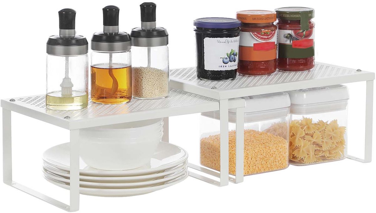 Keuken Organisator Planken Kast Opbergers Stapelbaar Uitbreidbaar - Set van 2 - Metalen Keuken Planken - Wit - KCS01WT — cadeau in Cadeau-ideeën - foto 7
