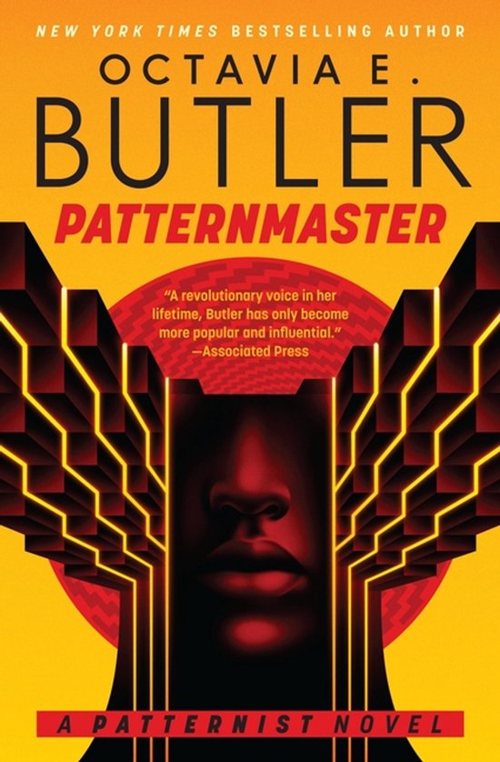 Boekomslag van "Patternmaster" door Octavia E. Butler met een silhouet van een gezicht tegen een geometrisch, rood en geel patroon.